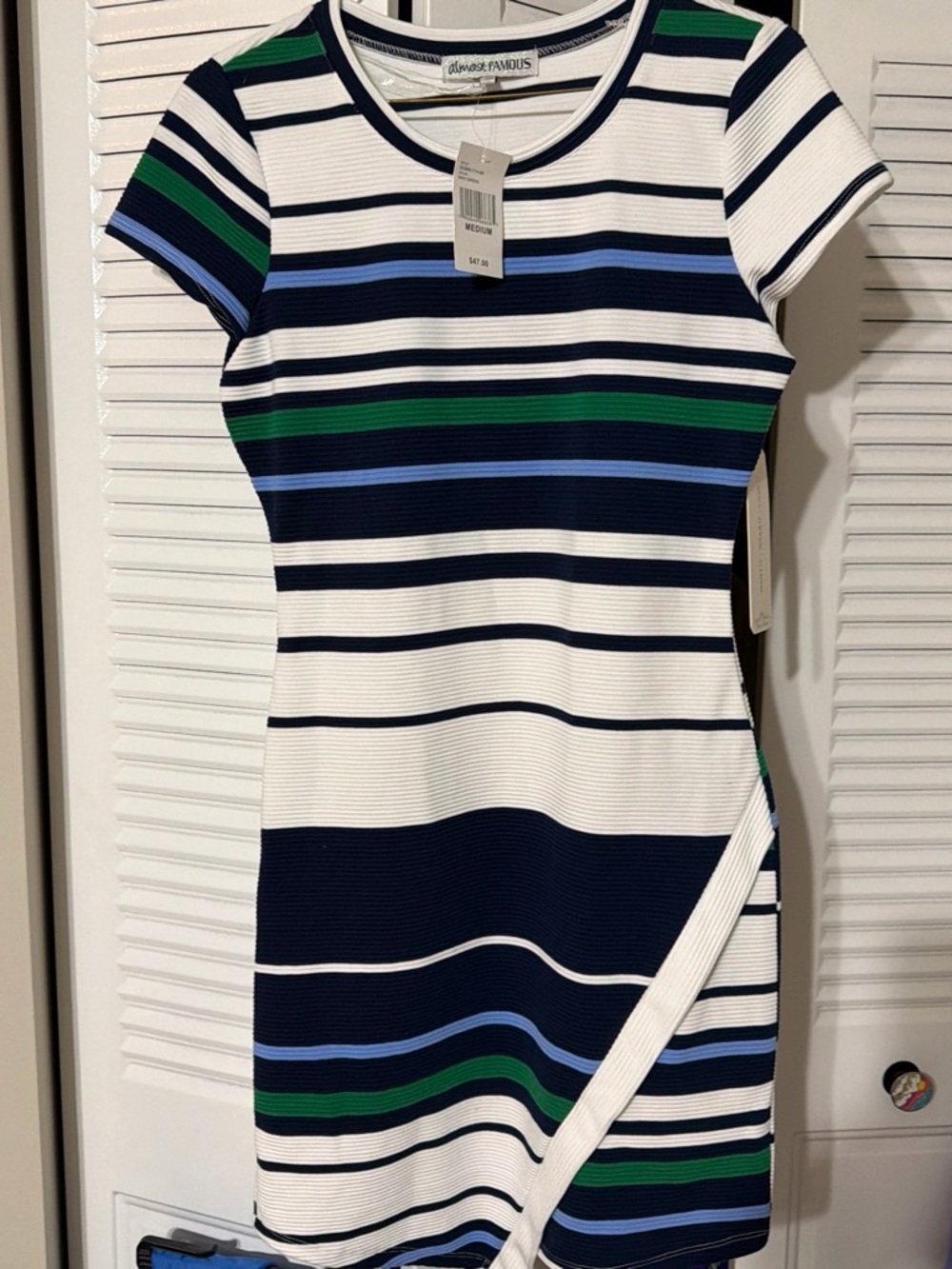 Almost Famous Navy, White & Green Striped Short Sleeve Bodycon Dress